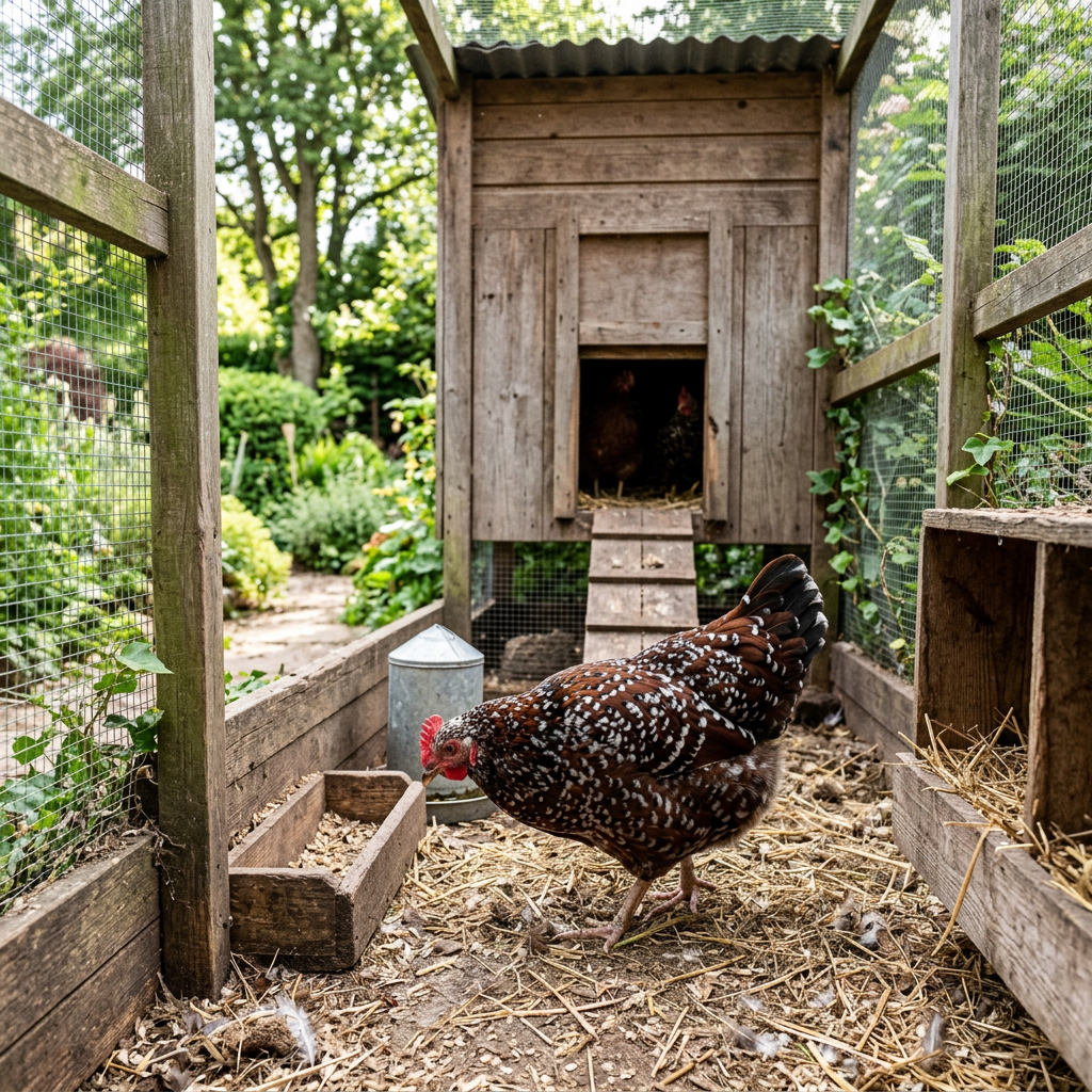 Speckled Sussex chicken care inside a wooden chicken coop with feeders and nesting area